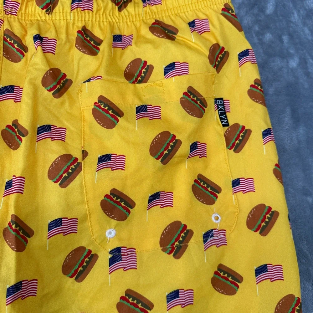 Brooklyn Swim Trunk Cloth Kent Ave Men XL Yellow Burger American Flag Volley NWT